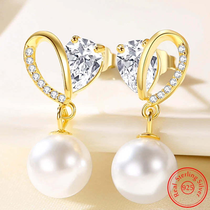 

Real 925 Sterling Silver New Jewelry Crystal Pearl Heart Stud Earrings For Woman Fashion XY0537