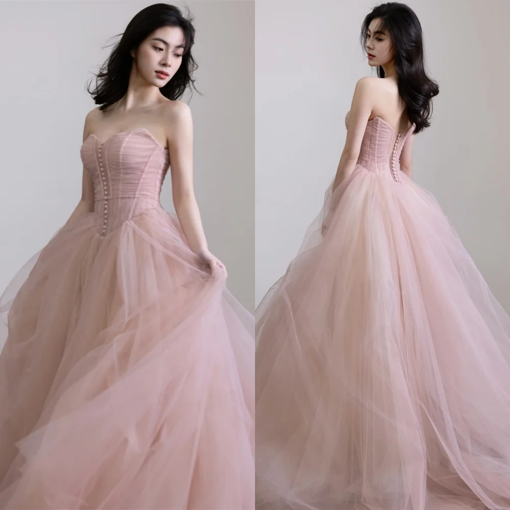 

Customized Exquisite Pink Tulle Evening Dress Classic Strapless Sleeveless Celebrity Gowns Charming Special Occasion Gowns