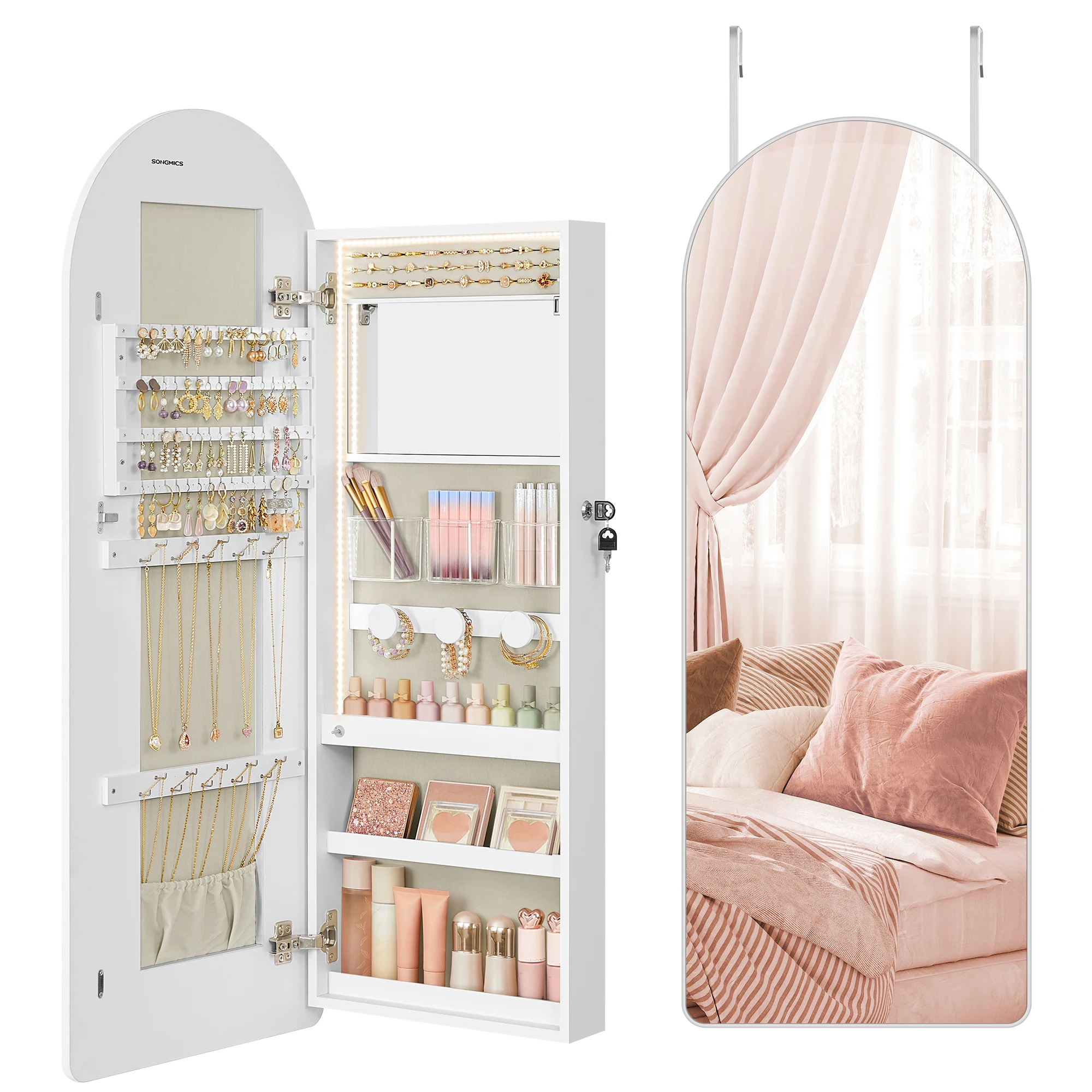 SONGMICS Wide Jewelry Organizer, LED Jewelry Cabinet Wall/Door Mounted, Arched Mirror with Storage, Lockable, Rounded Corner