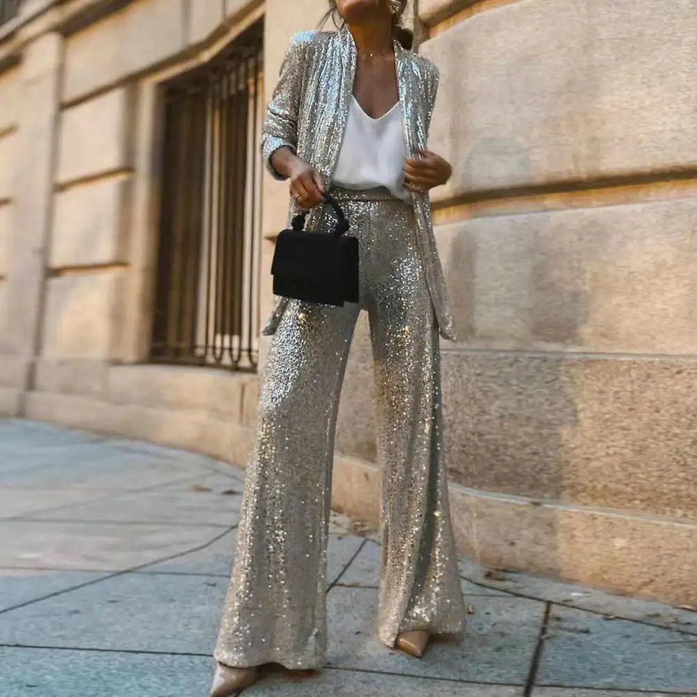 Women Sequin Pants Sparkly Party Pants Elegant Sequin Cardigan Wide Leg Pants Set for Women Formal Commute Style Coat with High