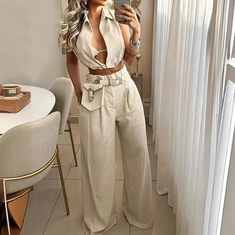 

Women Fashion Casual Sleeveless Two-Piece Suit Blouse Collar Vest Tank Top & High Waist Loose Wide Leg Pants