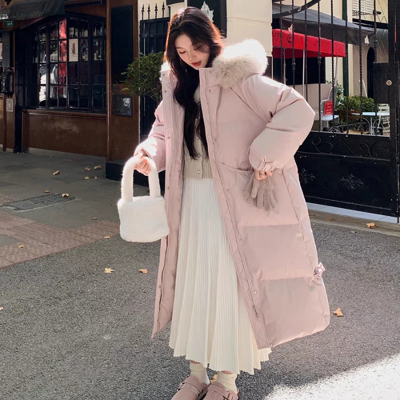 

Hooded Parka with Fox Fur Collar for Women, Thick Windbreaker, Medium Length, Loose White Duck Down, New, 2024