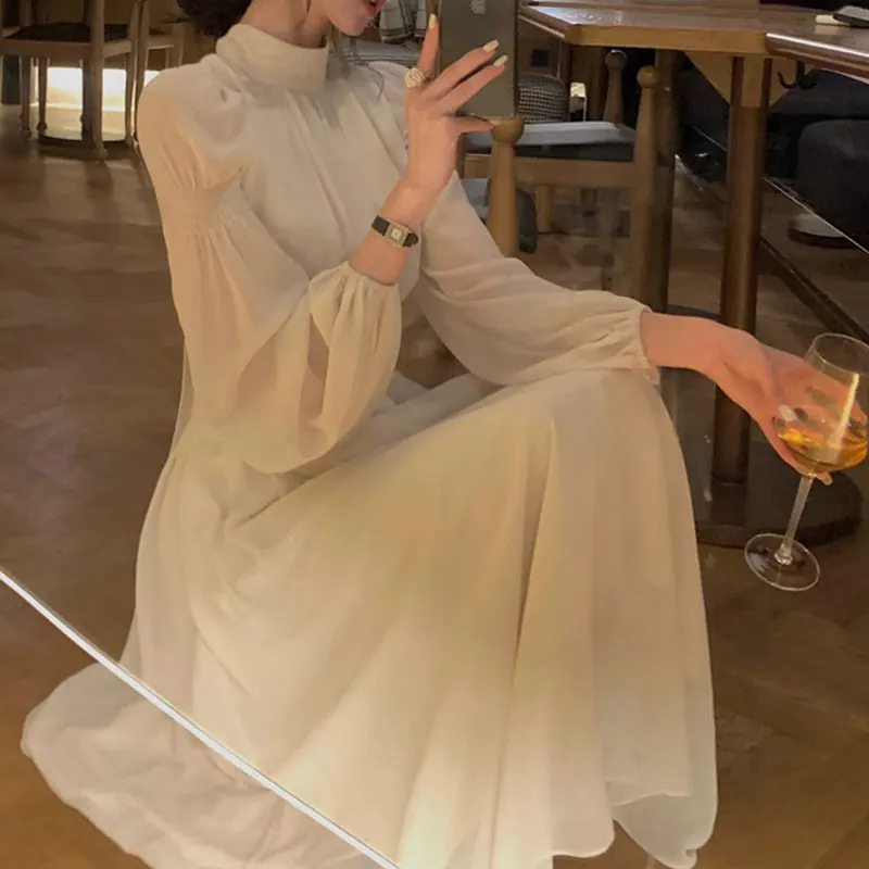 Elegant Princess Style Long Sleeve Party Dresses Women Temperament High Collar White Fairy Midi Dress Korean Fashion Outfits