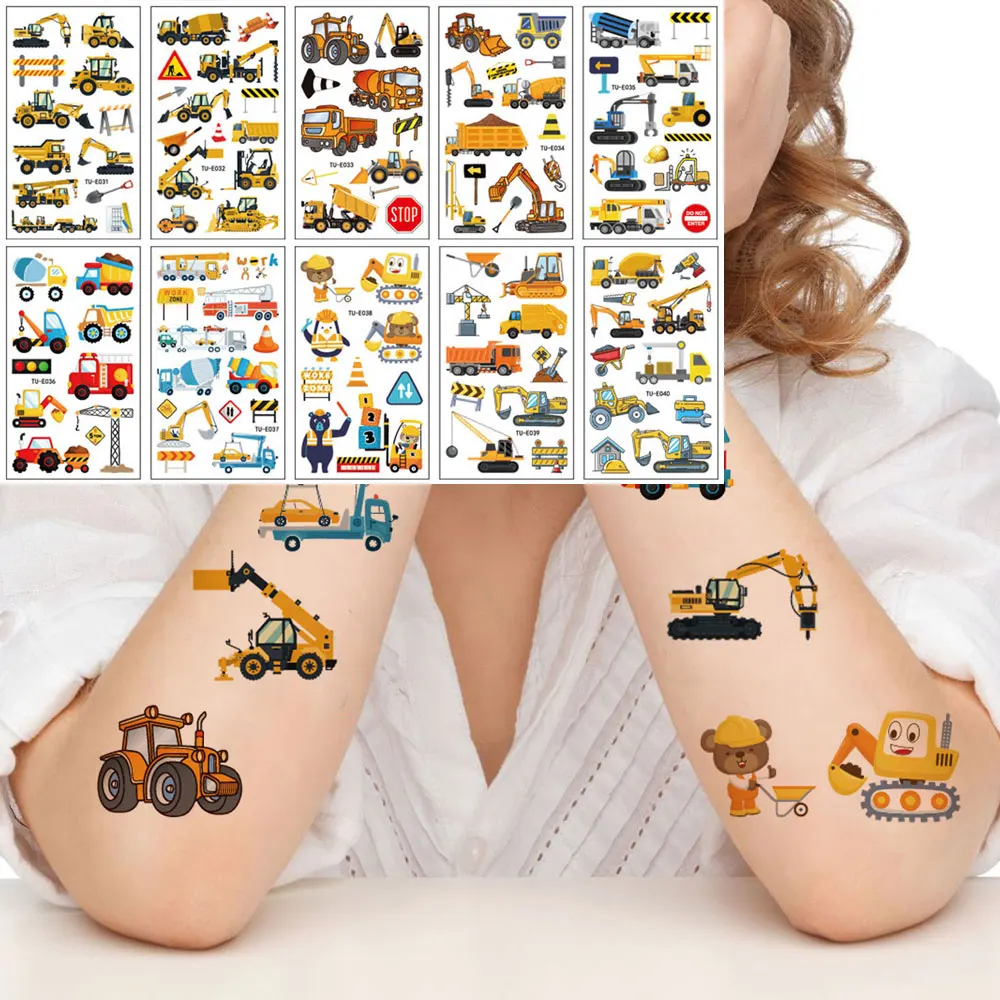 

10 Sheets Cartoon Fake Tattoo Engineering Vehicle Excavator Tattoo Stickers Truck Waterproof Temporary Tattoos