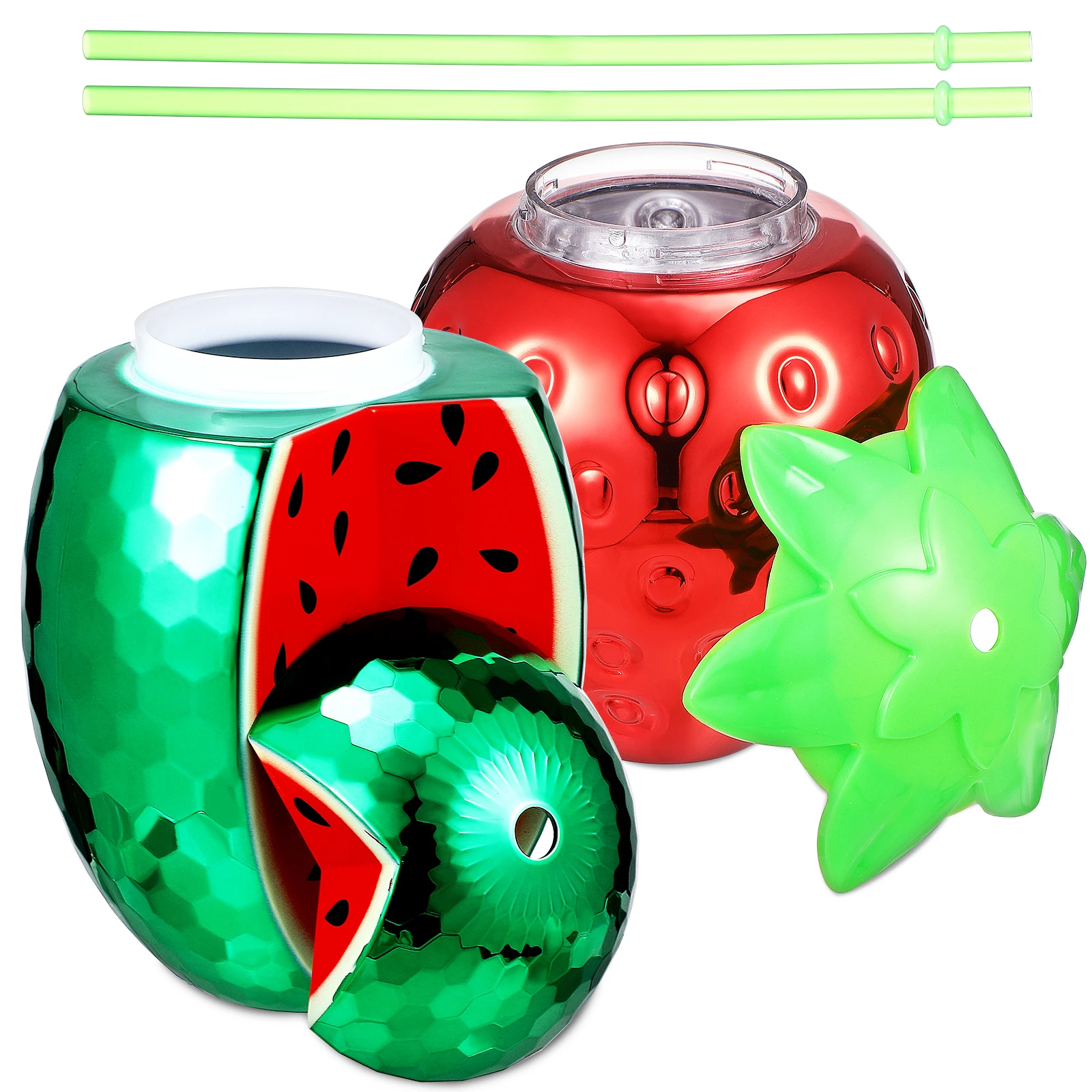 

2 Pcs Cups Plastic Strawberry Watermelon Drink Mugs Lids Straws Water Cup Sealed Design Party Drink Cups With Lids Straws