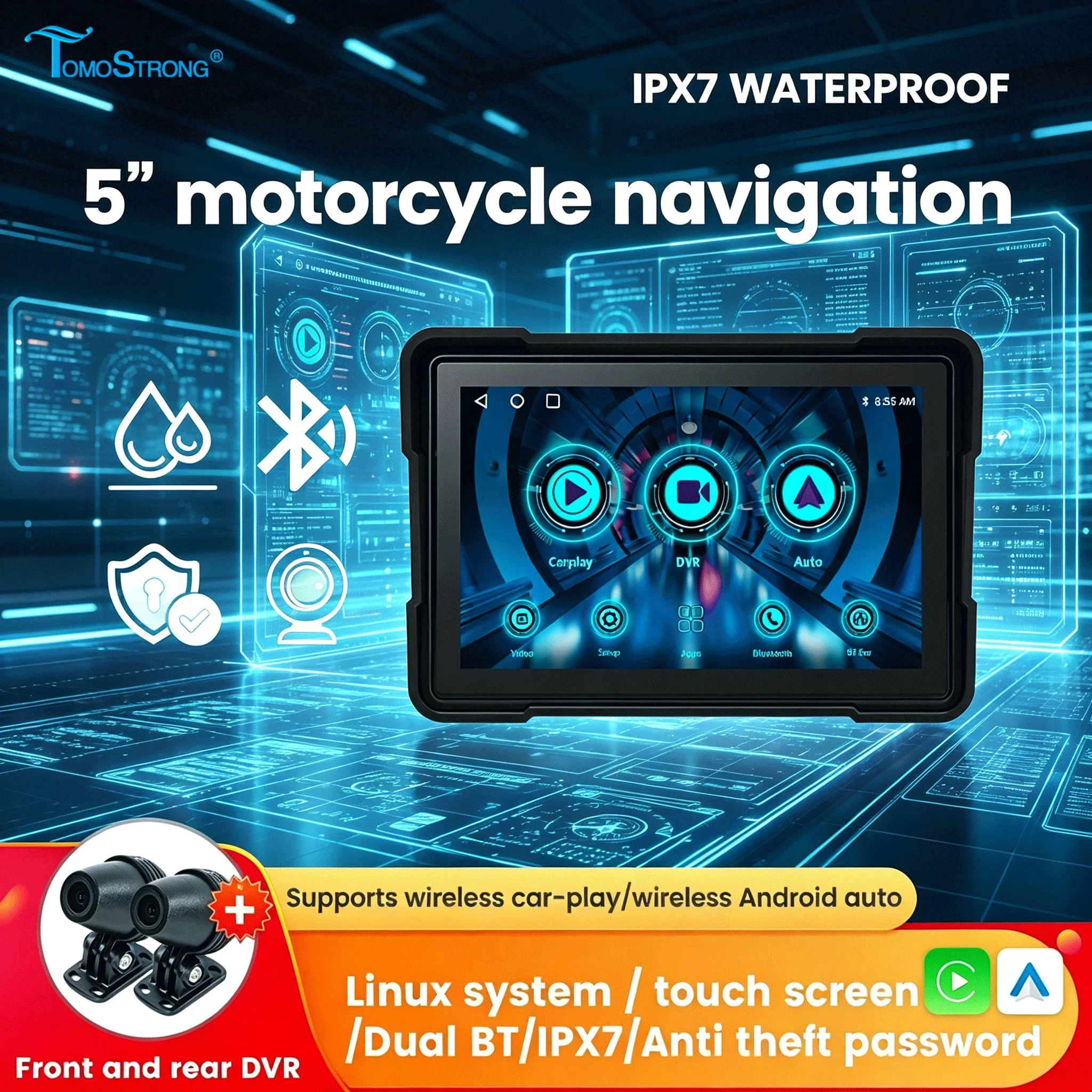 

Tomostrong 5Inch motorcycle navigation gps wireless CarPlay Android Auto DVR recorders Portable Digita Monitor BT moto Dashboard