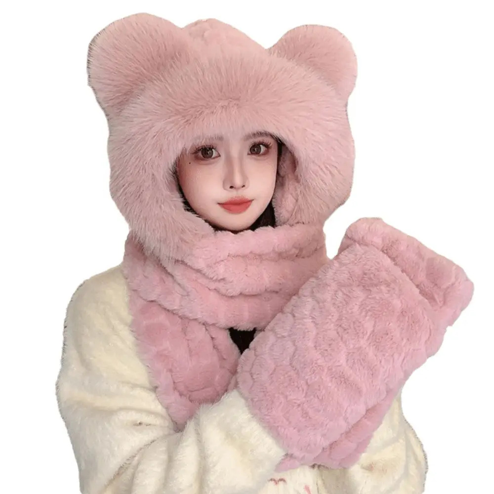 Cute Winter Bear Ear Hooded Scarf Warm Fleece 3-in-1 Cap Scarf Gloves Set Casual Windproof Integrated Cap Scarf for Women