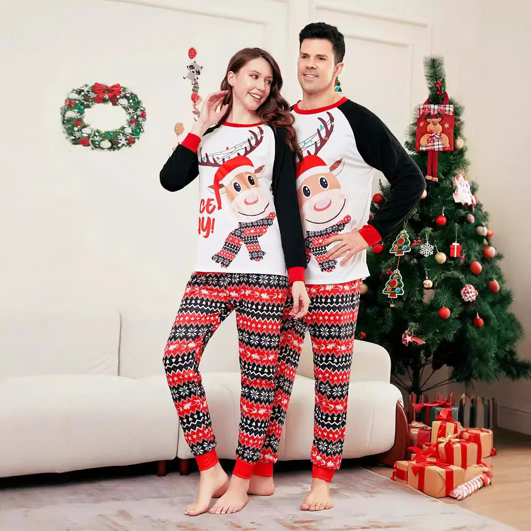 Cristmas Family Pijama, Christmas parent-child set, cute cartoon long-sleeved family pajama set and 3 to 18 months baby jumpsuit