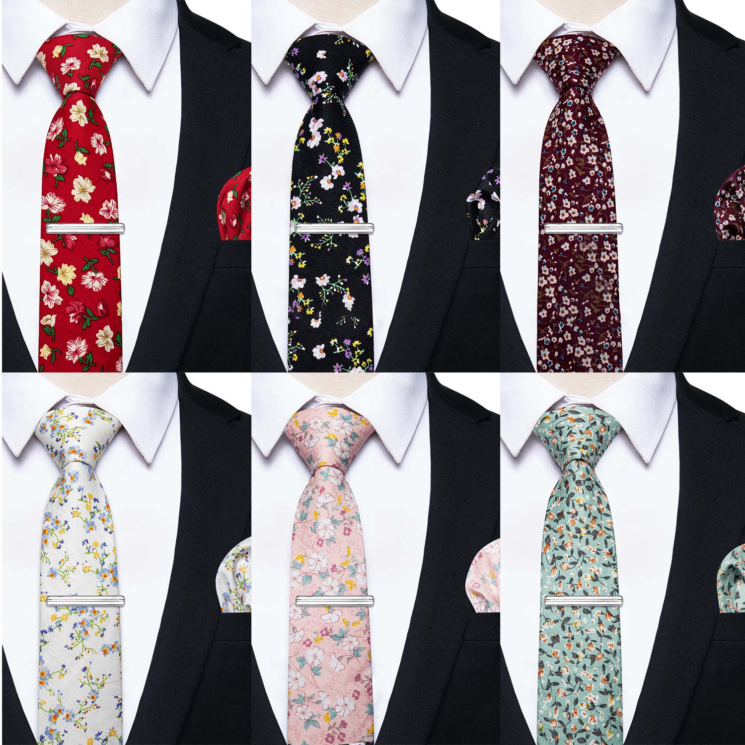 Exquisite Korean Slim Men Ties Accessories 100% Cotton Neck Ties Hanky Clip Set For Man Party Casual Floral Pink Black Red Tie