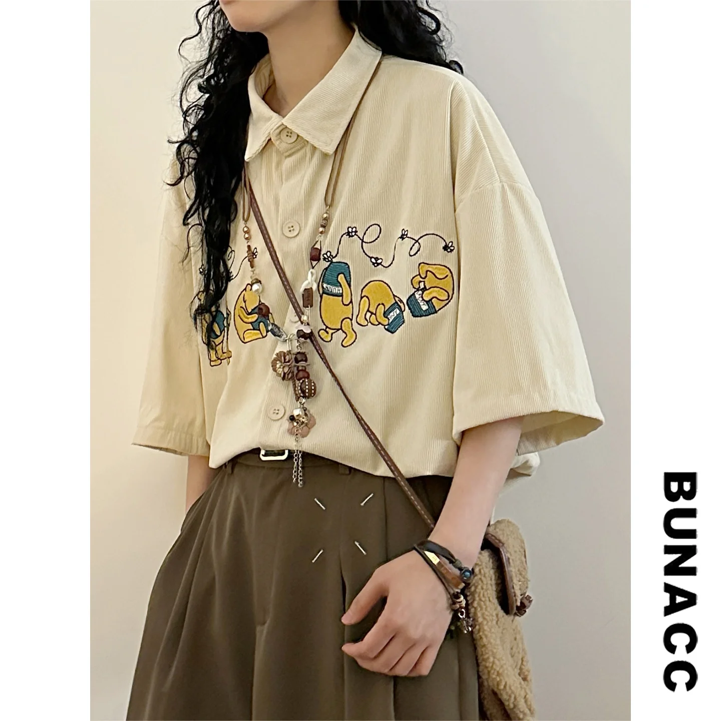 

Летняя вельветовая рубашка унисекс с коротким рукавом, вышивкой, свободного кроя, на пяти пуговицах, классический стиль, комфортная посадка