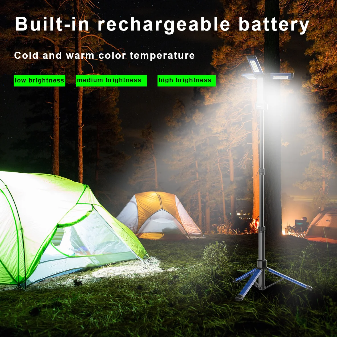 Portable Outdoor Led Corded camping light 3-Heads rechargeable Led Work Lights with Tripod Stand