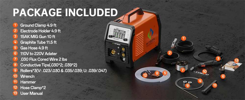 HITBOX MIG-Schweißgerät 220V 200 Ampere 7-in-1 Stick ARC MMA Gaslos/Gas MIG Lift TIG Punktschweißgerät mit Spool Gun, Einzelpuls-Aluminiumschweißgerät, großem LED-Digitalbildschirm und Inverter-Schweißwerkzeug – Detail 12