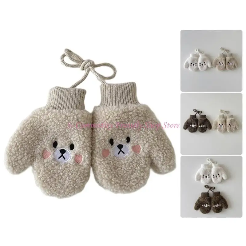 

Перчатки для младенцев 85AE с флисовой подкладкой и милым медведем, устойчивый к потерям шейный ремешок