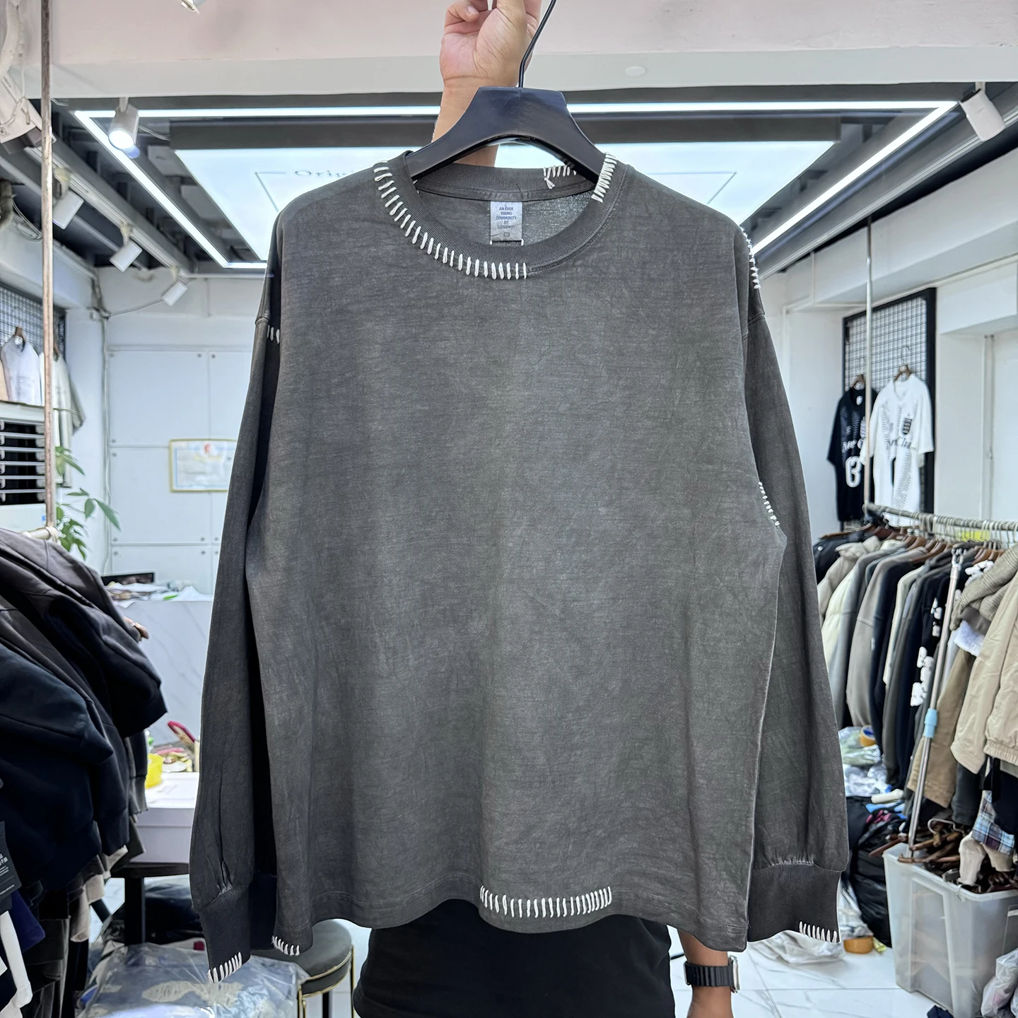 

Ретро американская ручная работа, чистый цвет, круглая футболка Ne Long Sve, осень-зима, винтажная хлопковая футболка свободного покроя