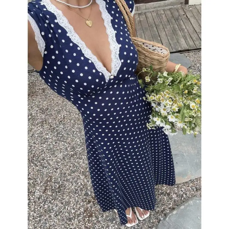 

J 40080 Sle Navy Blue And White Polka Dot Print with White Lace Flower Casual Sportswear Set for Men Autumn Seven Sve