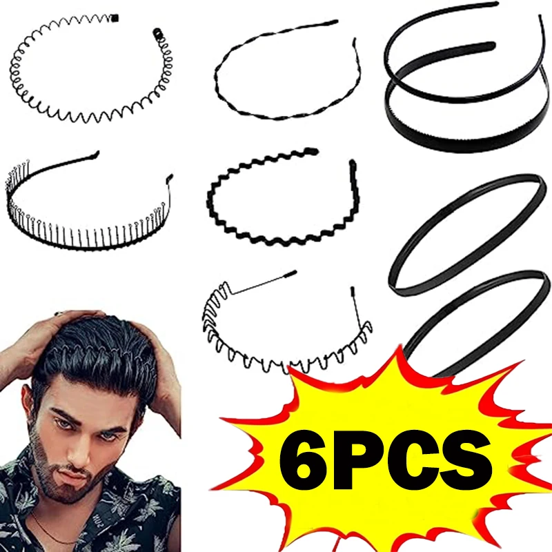 Bandeau de cheveux en métal pour hommes et femmes, 6 pièces, unisexe, noir ondulé, cerceau de tête, bandeau de sport, accessoires de cheveux, cadeaux