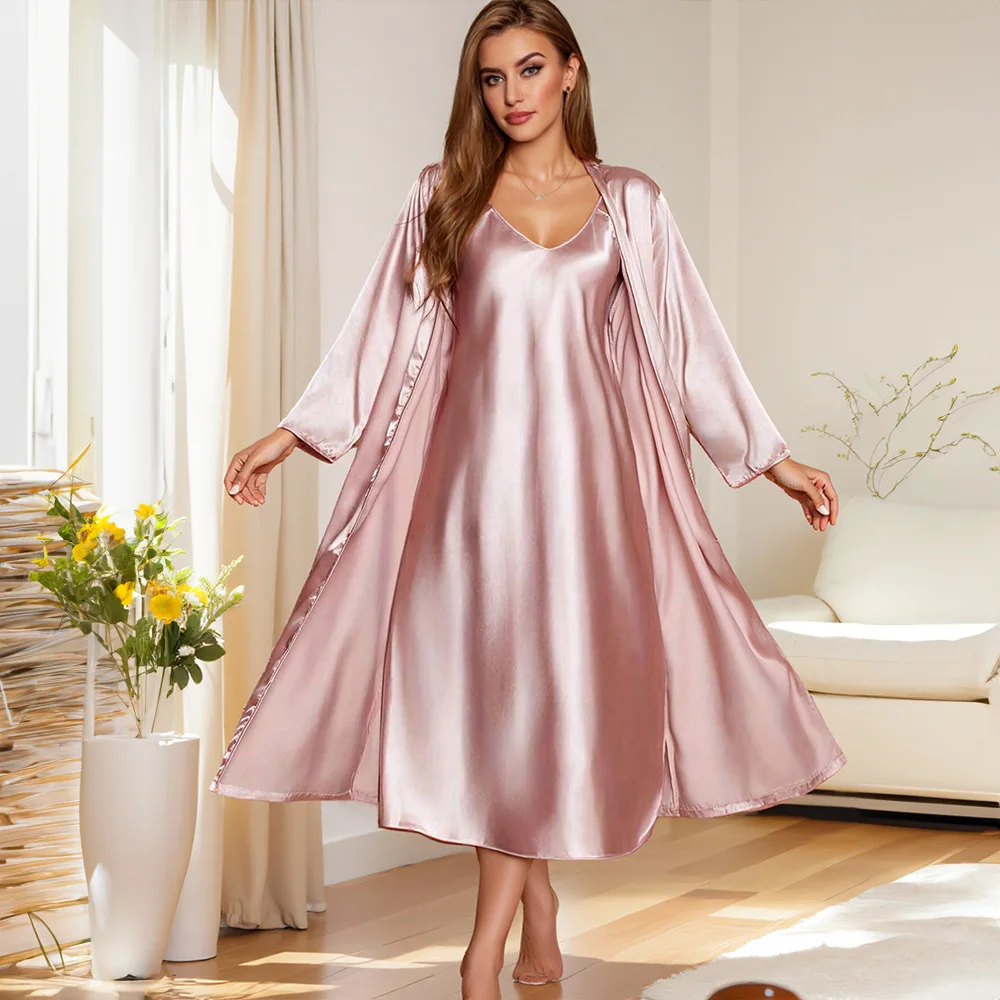 Spring Solid Color Ice Silk Satin Long Sleeve Robe With Belt V Neck Slip Dress Women's Sleepwear Loungewear