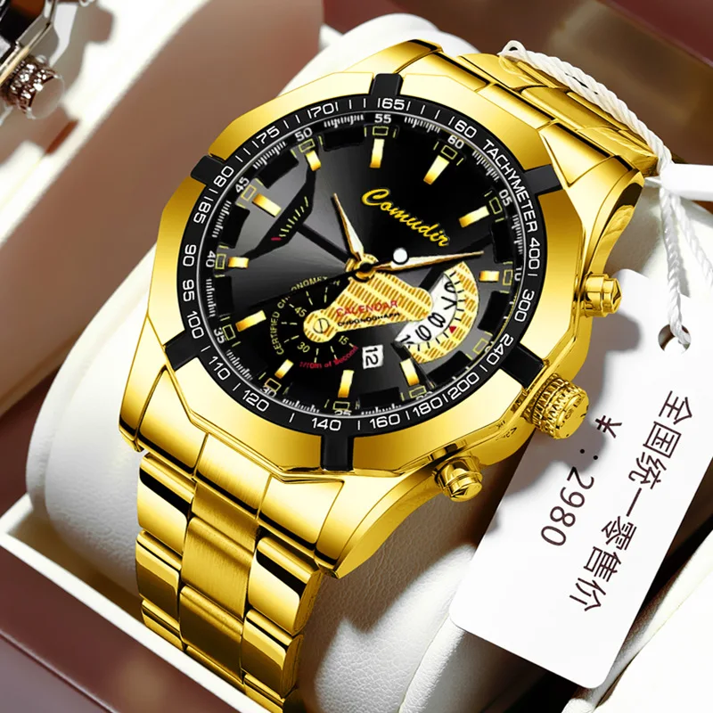 Luxury Men's Military Quartz Watch Men's Stainless Steel Gold Black Calendar Date Watch Men's Clock dial