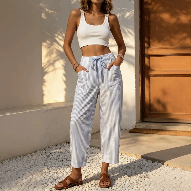 2026 Summer Hot Selling Vertical Stripe Drawstring Design with Pocket Loose Cropped Pants for Women