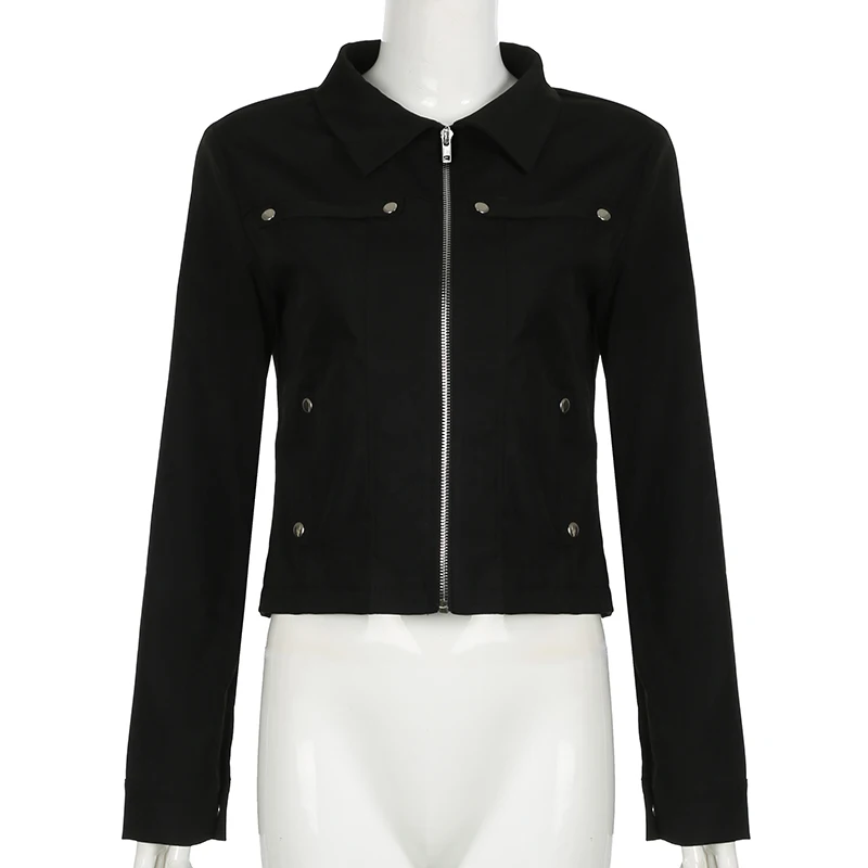 SUCHCUTE estilo Punk chaqueta con cremallera cuello vuelto remache negro abrigos de manga larga prendas de vestir exteriores Retro ropa de calle Tops cárdigan de otoño