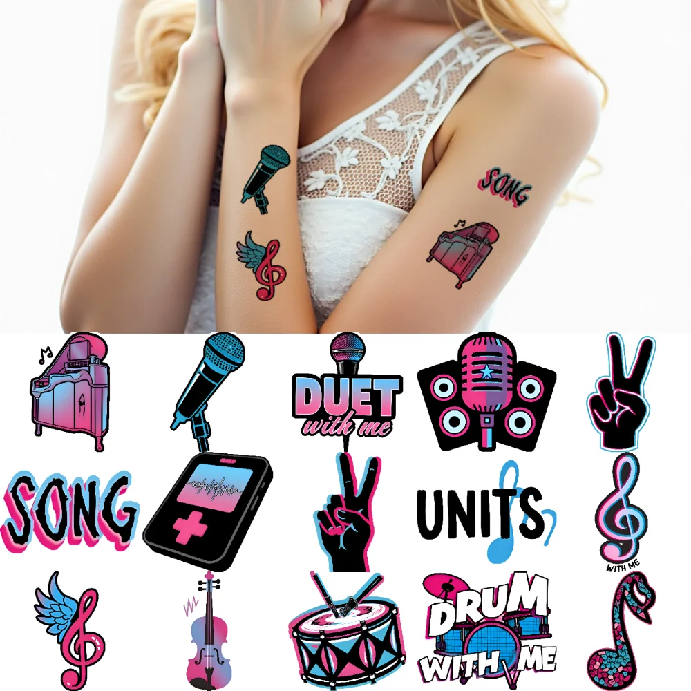 63pcs Waterproof Temporary Tattoo Sticker Concert Theme Guitar Microphone Body Art Arm Fake Tattoos Disposable Tattoos Stickers