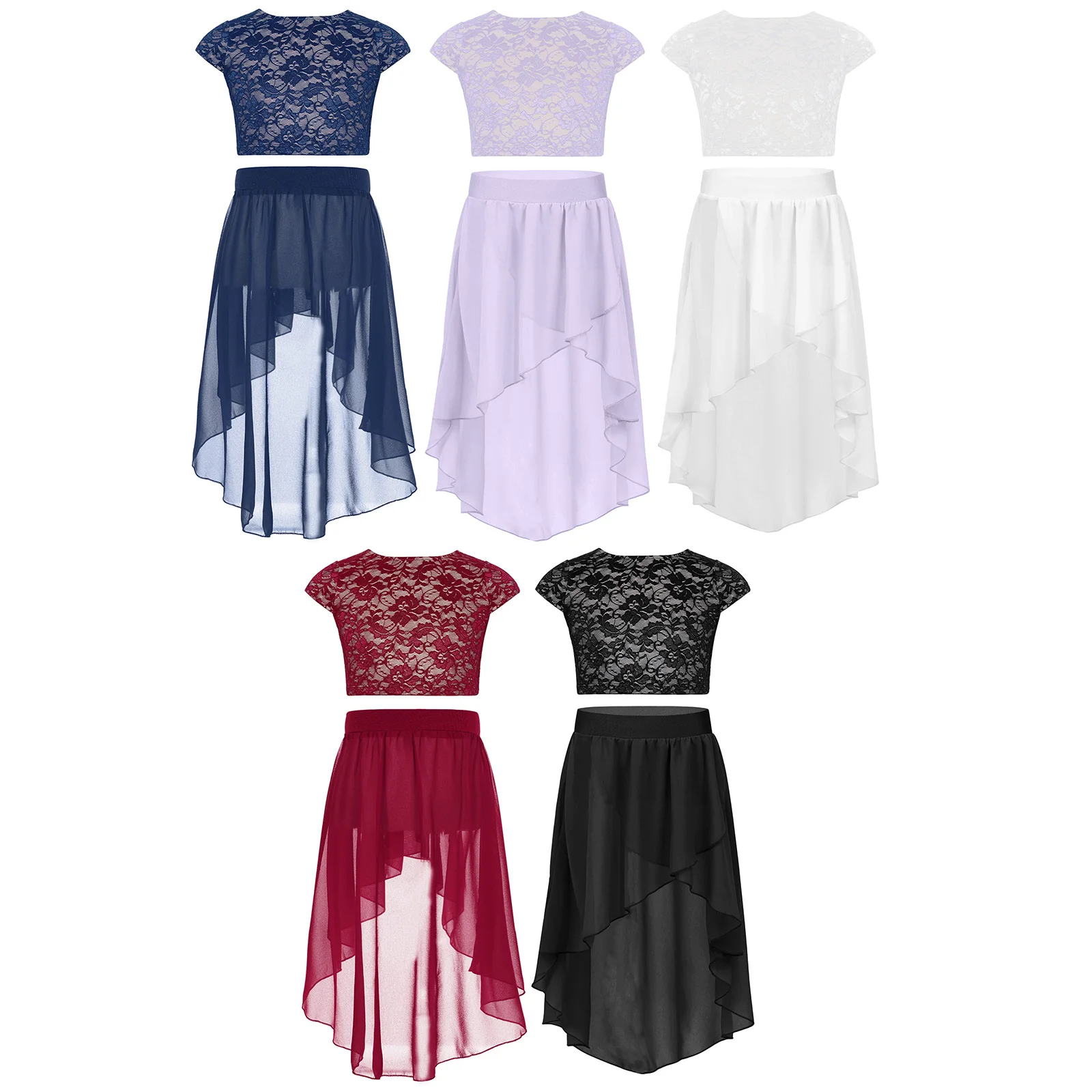 

Kids Girls Lyrical Dance Performance Costume Set Cap Sleeves V-Back Floral Lace Crop Top with High-Low Chiffon Skirt Dancewear