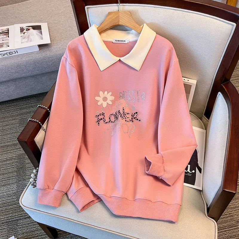 175Kg Plus Size Women's Bust 170 Spring Autumn Loose Collared Printed Long Sleeved Sweatshirt Black Pink 4XL 5XL 6XL 7XL 8XL 9XL