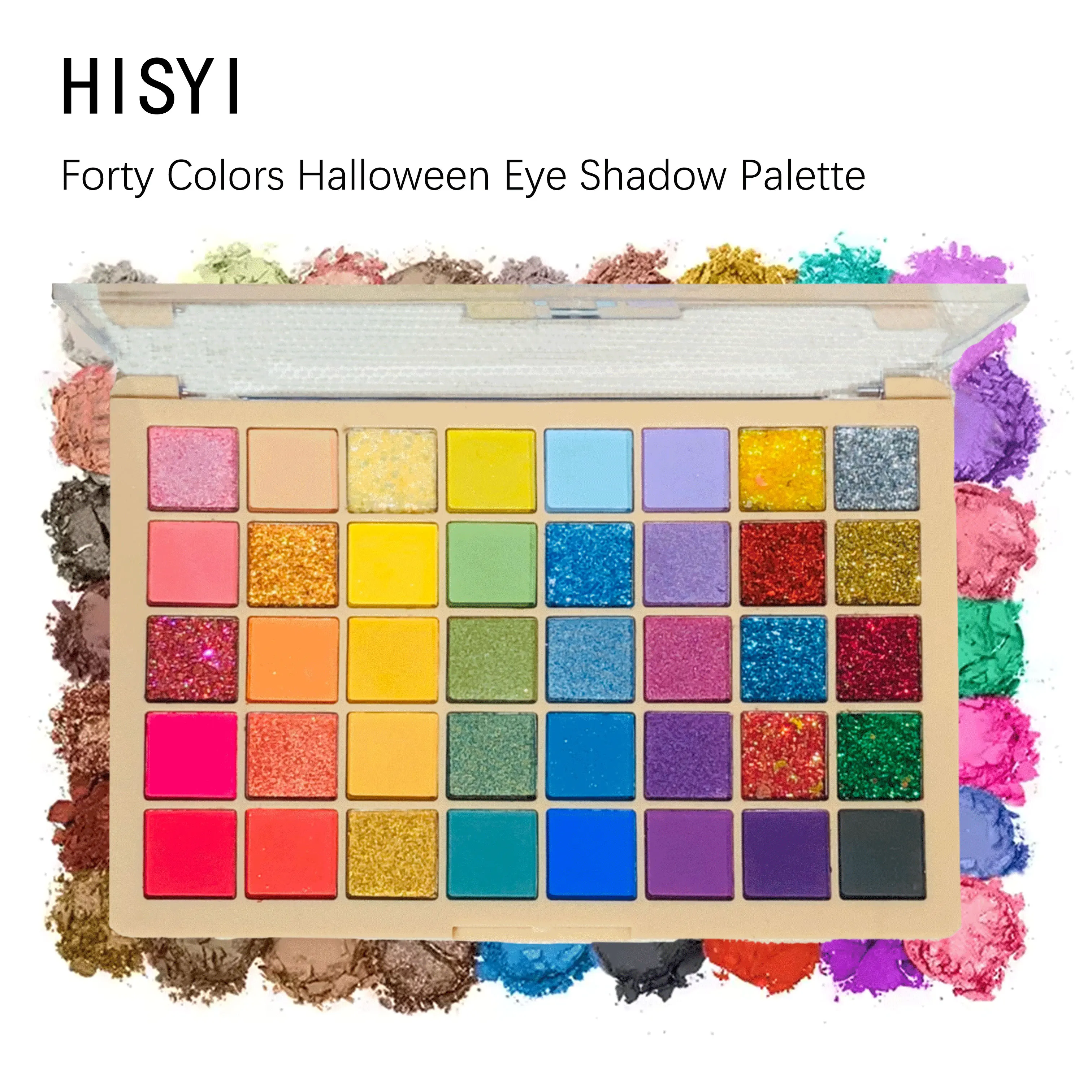 Paleta de sombras de ojos de 40 colores para Halloween: armonía de colores de maquillaje, tonos de arcoíris, brillo, textura en polvo, perla, maquillaje, brillante