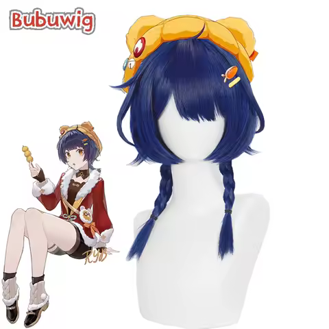 Bubuwig Synthetic Hair Xiangling Cosplay Wigs Genshin Impact New Years Cheer Xiangling 33cm Short Blue Cos Wig Heat Resistant