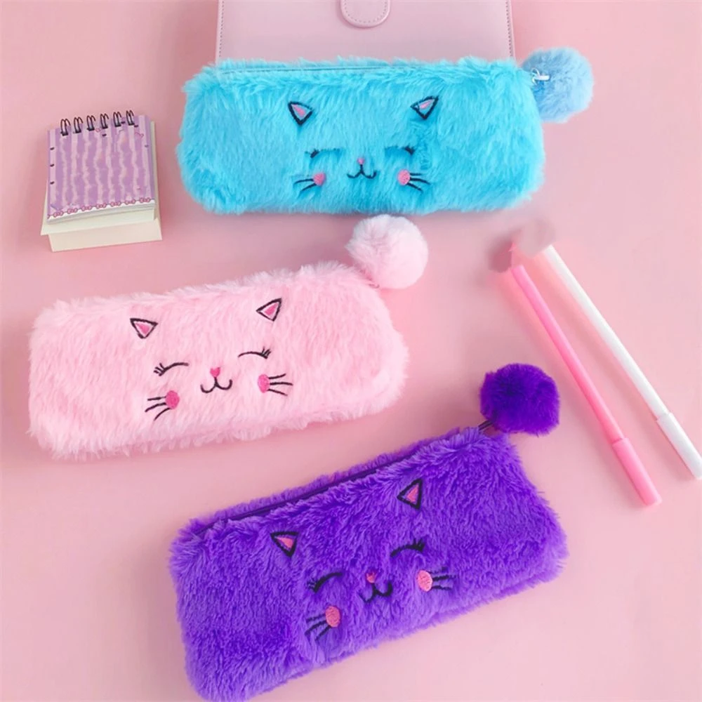 3Pcs Kawaii Cute Cartoon Pencil Bag Kitten Fluffy Plush Pen Bag Zipper Single Layer Makeup Lipstick Bag School Office Supply