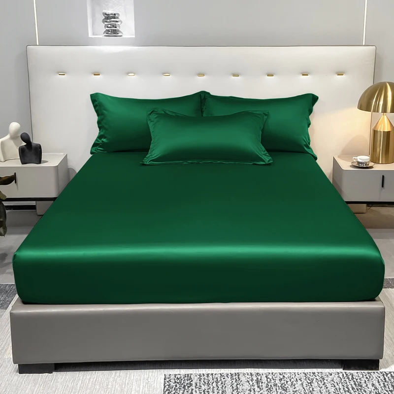 1 Simple Modern Satin Solid Color Fitted Sheet,Dark green Color Ice Silk Bedspread For Bedroom,Bedding (Excluding Pillowcases)