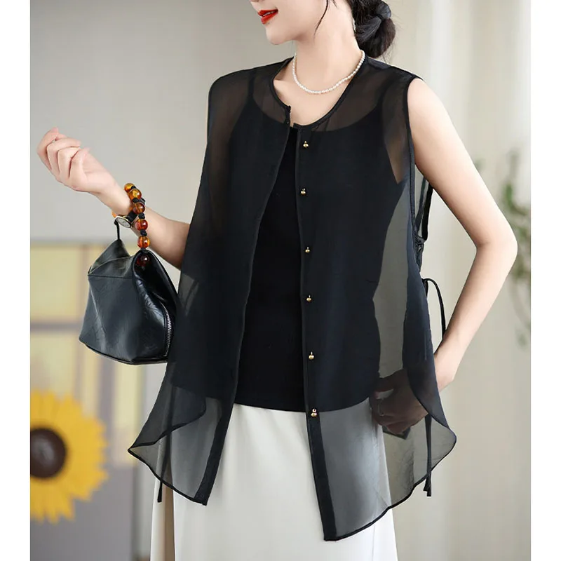 

Новая китайская легкая однотонная безрукавка-жилет 2026 года, летний модный кардиган большого размера для женщин, длинный солнцезащитный жакет