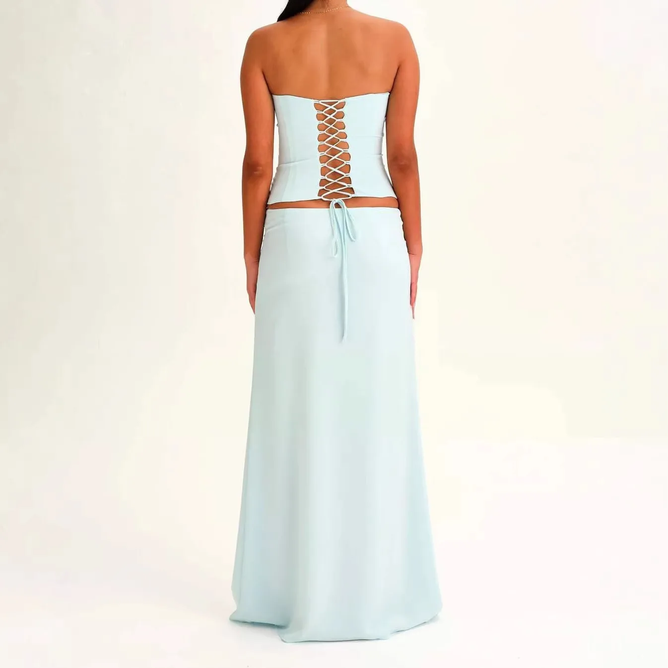 Women Dress Sets Sexy Strapless Tops Slim Fit Skirts High Waist Ankle Length Skirt Summer 2026 Two Pieces Spliced Solid image 4