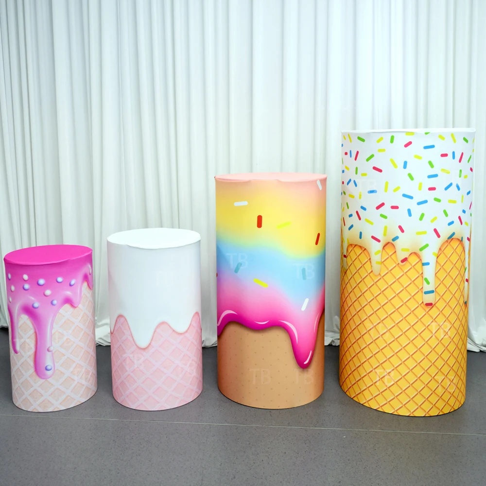 

Ice Cream Cylinder Pedestal Pillars Fabric Covers High Quality Elastic Fabric Cover,Donut Theme Party Dessert Table Decoration