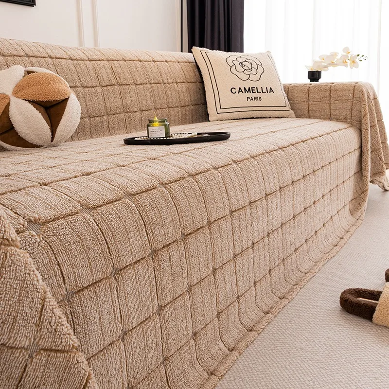 Anti Cat Scratch Large Sofa Cover Ins Style Winter Plush Sofa Towel Solid Color Full Coverage Sofa Blanket Full Cover