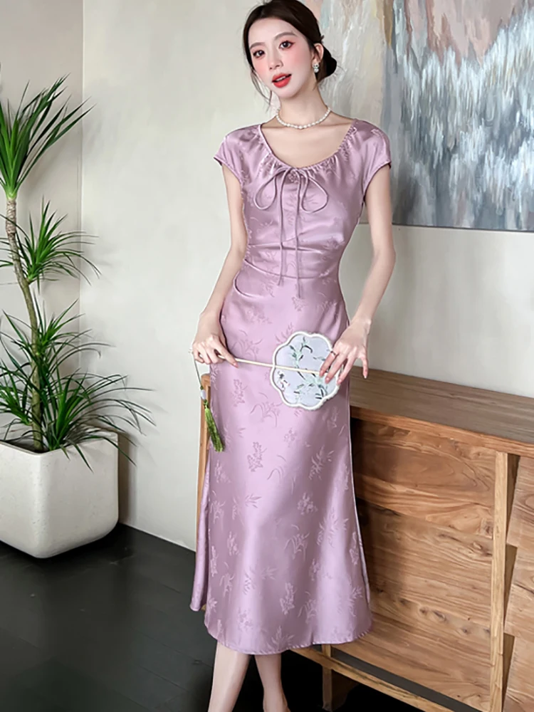 Feminino roxo cetim chique arco com decote em v vestido longo verão elegante luxo fesitval vestido de festa 2025 coreano vintage bodycon noite vestido