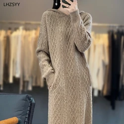 LHZSYY 2024 Autumn Winter New Hooded Cashmere Sweater Women's Mid-Length Thick Dress Loose Pullover Sweater Pure Wool Knit Skirt