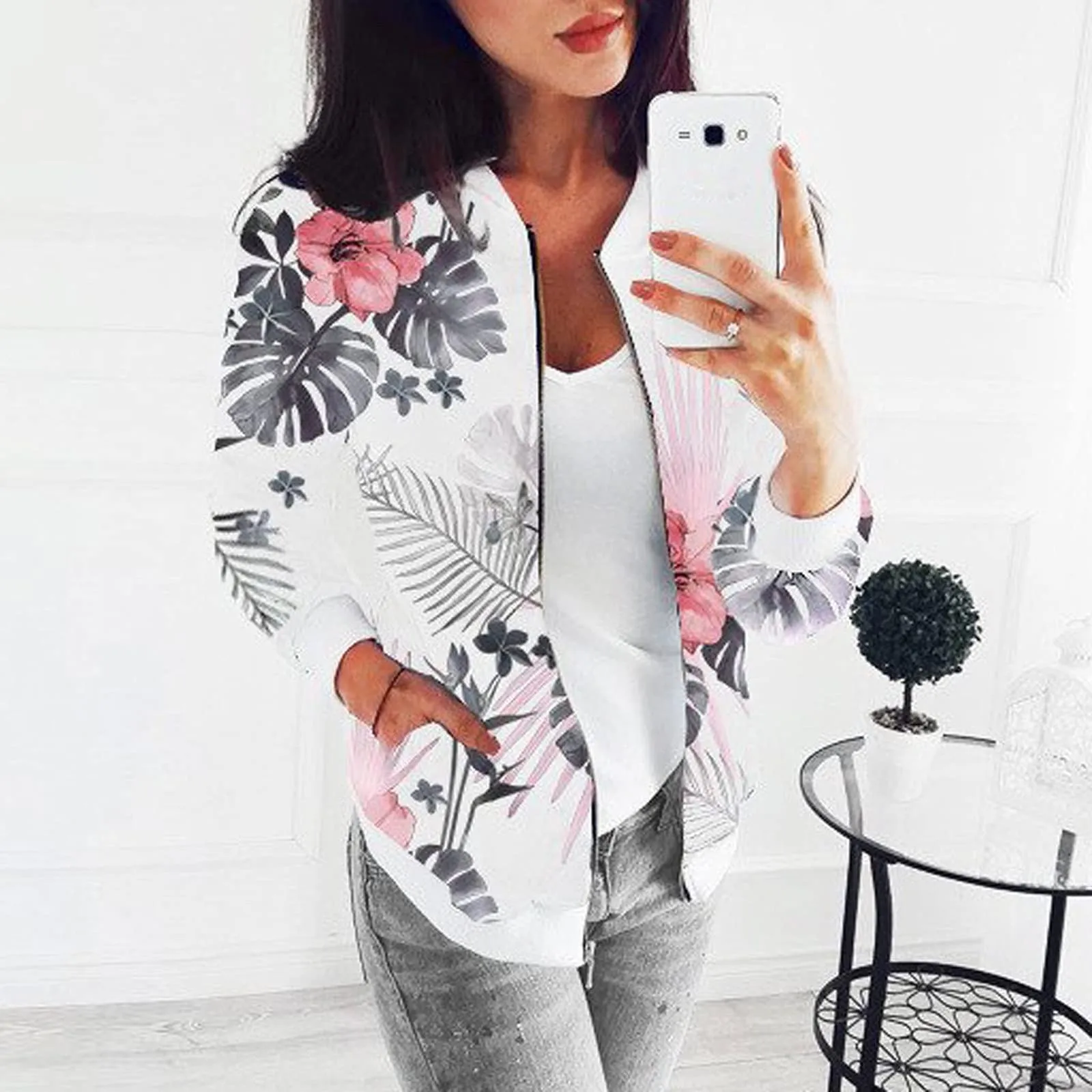 Floral Printed Women Casual Coats Bomber Outwear Streetwear Jacket Autumn Winter Fashion O Neck Long Sleeve Zipper Pocket