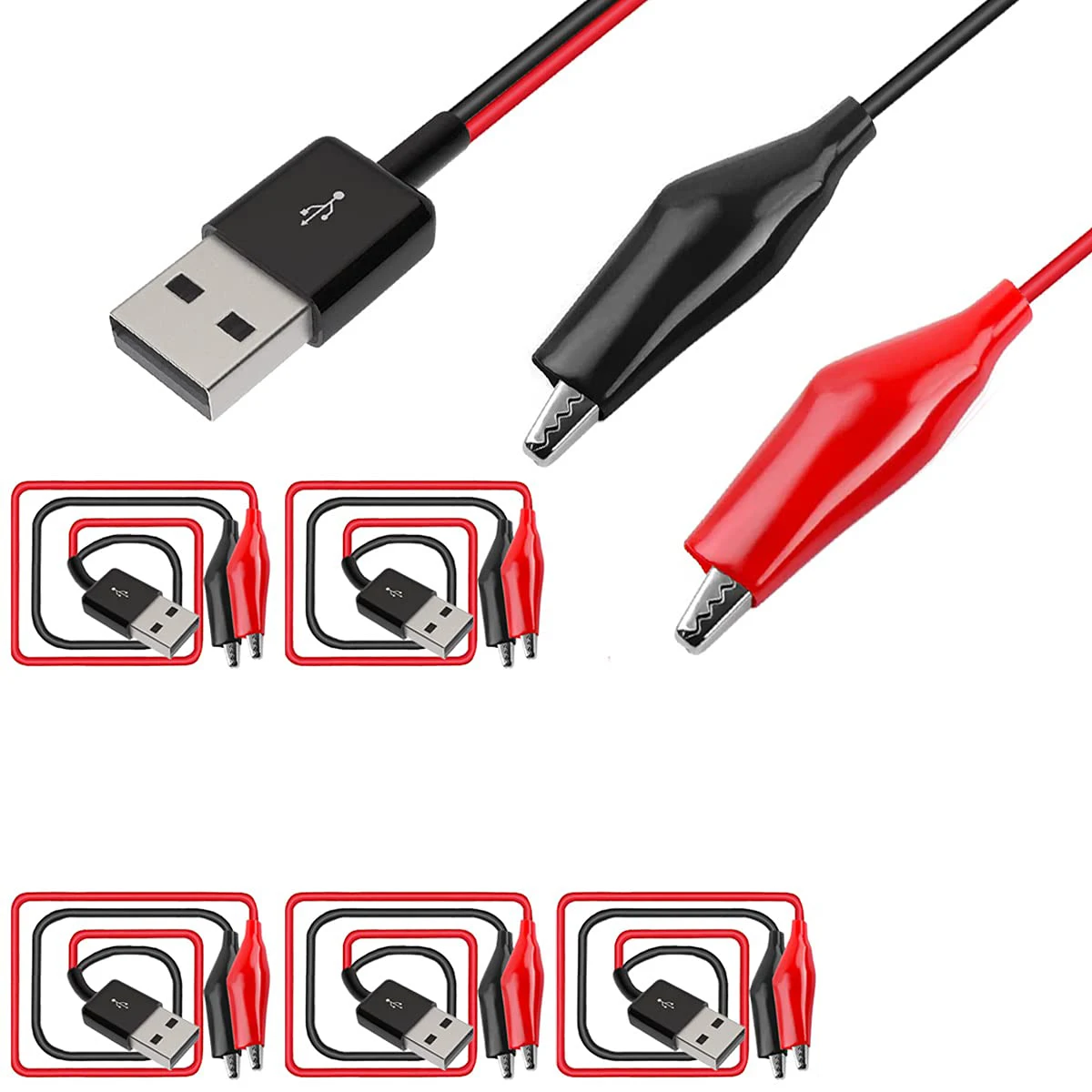 

5pcs Alligator Clip to USB, Crocodile Clamps to USB Type-A Male Connector Cable Copper Test Leads for Testing Circuit Power