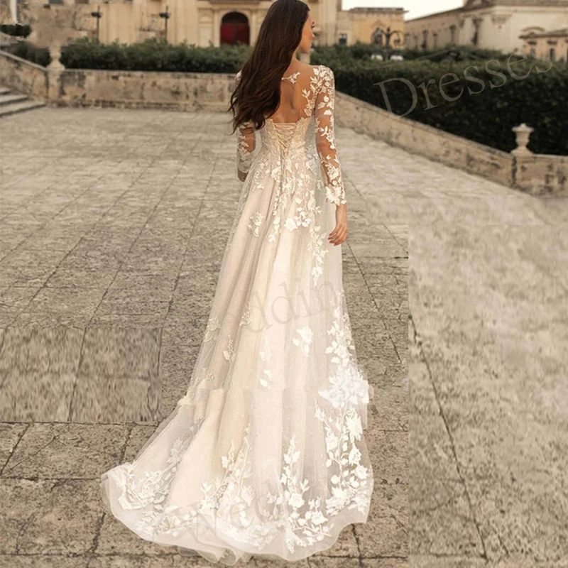 2024 Modern Scoop Neck A-Line Women's Wedding Dresses Vintage Lace Up Appliques Bride Gowns Elegant Long Sleeve Robe De Mariee