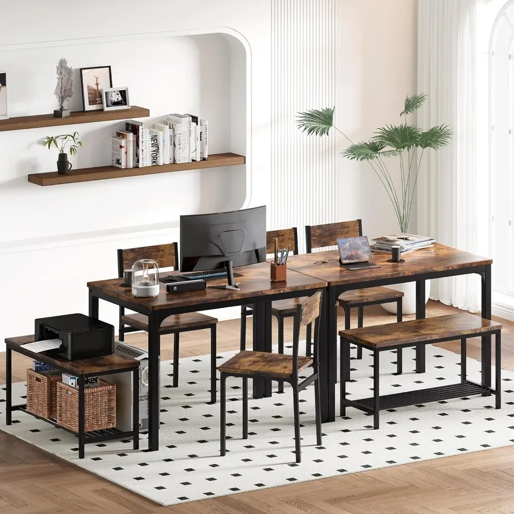 Dining Table Set for 4, Small Kitchen Table and Chairs for Space Saving, 1 Bench with Storage and 2 Chairs with Backrest