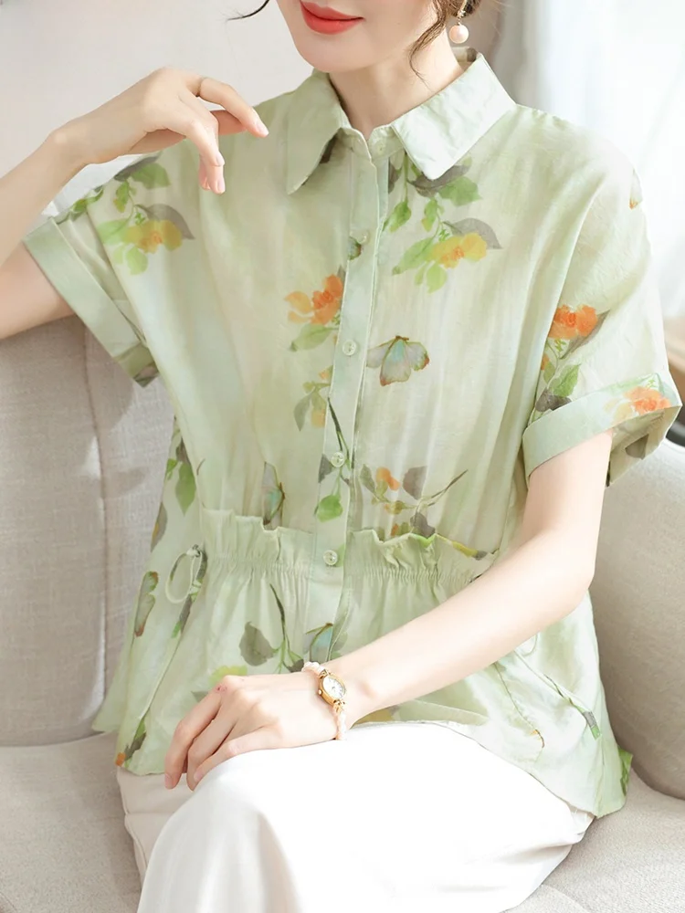 

Faionable Floral Print ort Sve Two-Piece Set for Mom Summer Clothing Sli Ensemble Korean Sle Loose Fit Button up