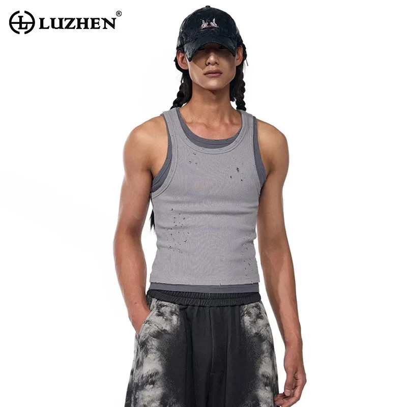 

LUZHEN Original Fake Two Piece Design Sleeveless T-shirts Men's 2025 Summer New Splicing Streetwear Slim Tank Tops Male JY2932