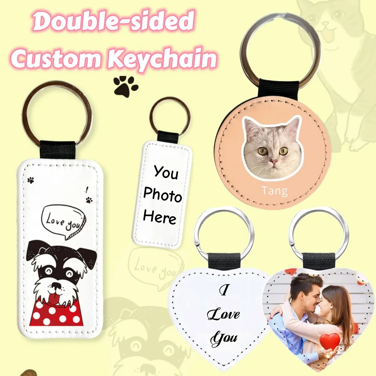 

Custom Pet Tags Couple Photo Keychain PU Leather Heart Rectangle Double Sided Keychain DIY Personalized Pop Star Picture Keyring