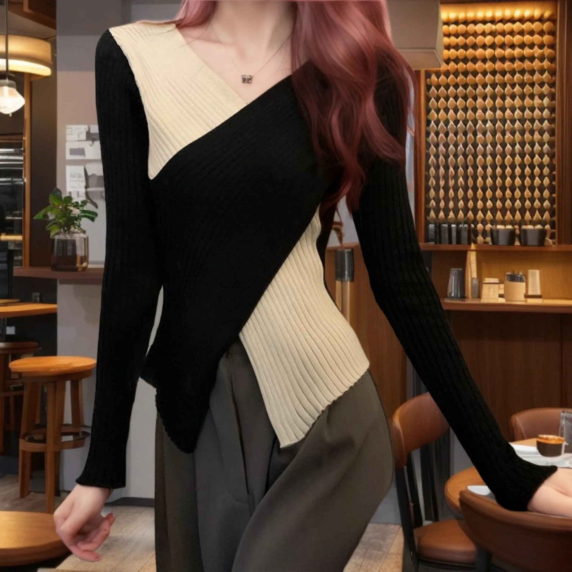 

Новинка 2023 года, свитер Blo Long Sve Pure Desire Color, тонкий женский вязаный топ с перекрестным дизайном, модный повседневный