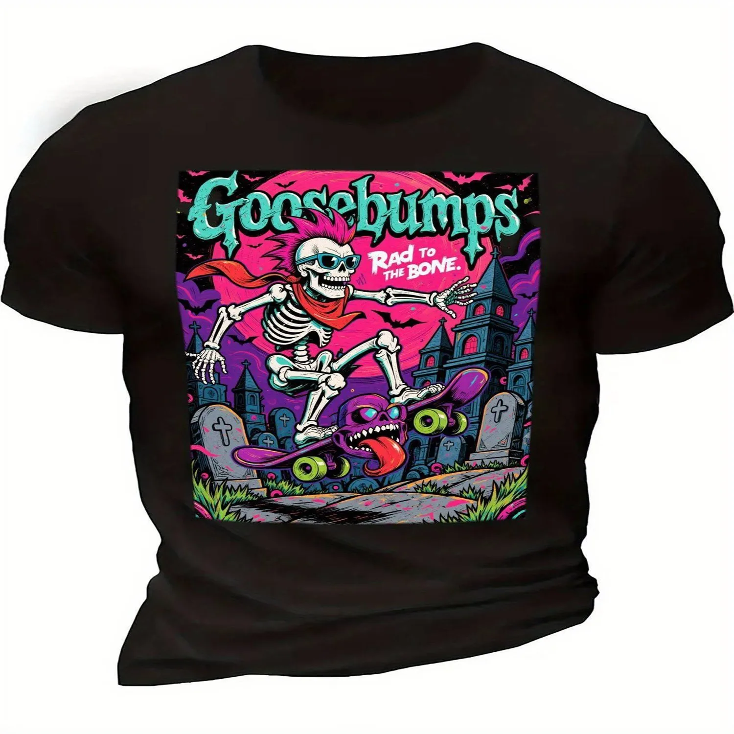Graphic Skeleton T-Shirt on a Goosebumps Skateboard - Rad to The Bone Vintage Terror Style with Retro Skeleton And Bones Design, Round Neck, Short Sleeve Unisex for Men, Women Casual T-shirt, Minimalist Tee,