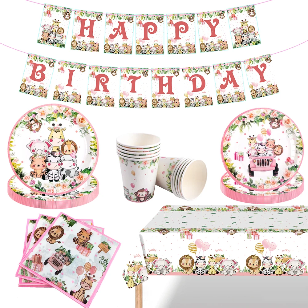 Pink Jungle Animal Theme Party Decorations Safari Disposable Tableware Paper Plates Set Baby Shower Kids Birthday Party Supplies