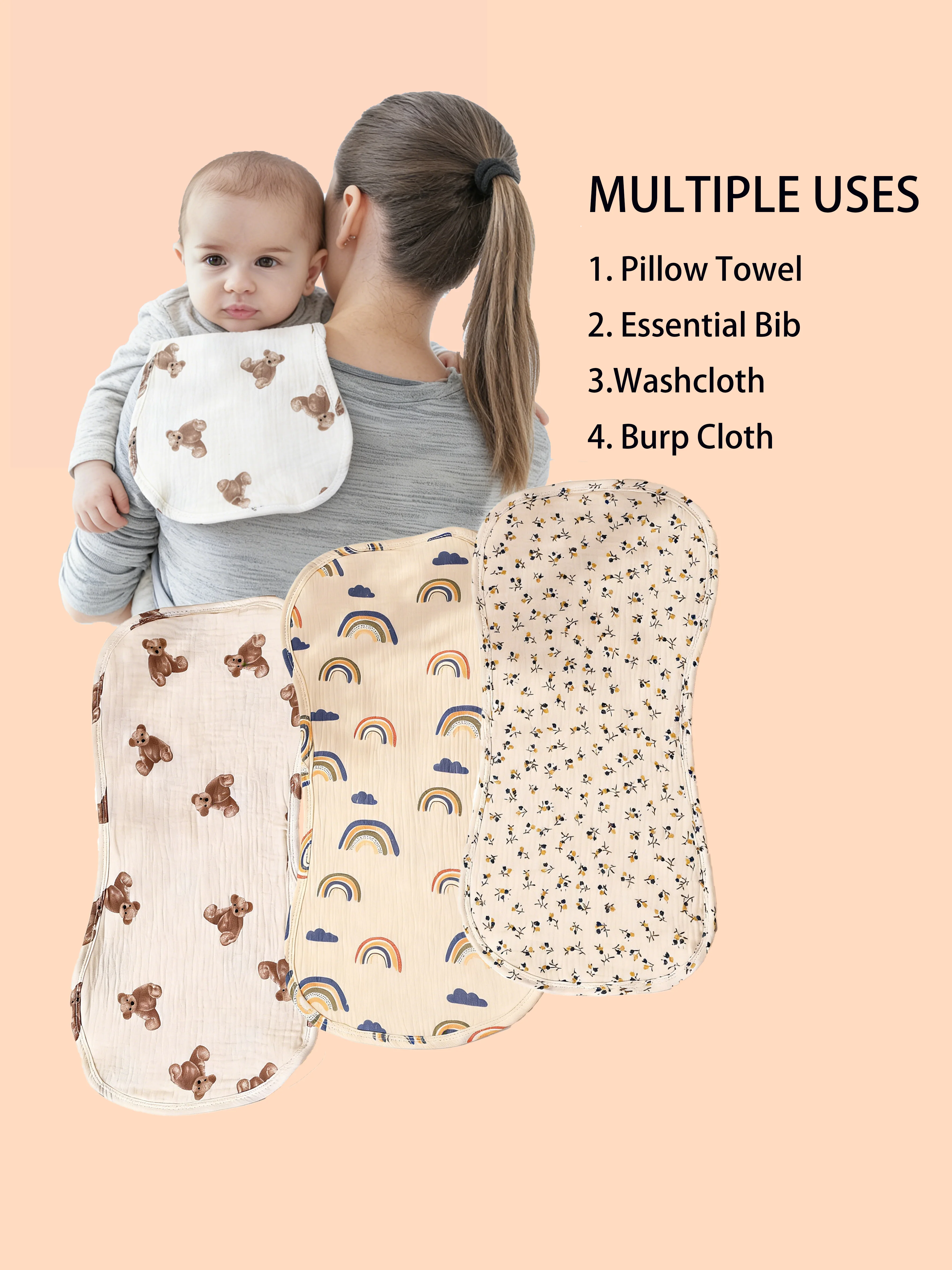 

Набор из 3-х ультрамягких впитывающих многоразовых муслиновых салфеток для отрыжки из 6-слойного хлопка с стильным принтом