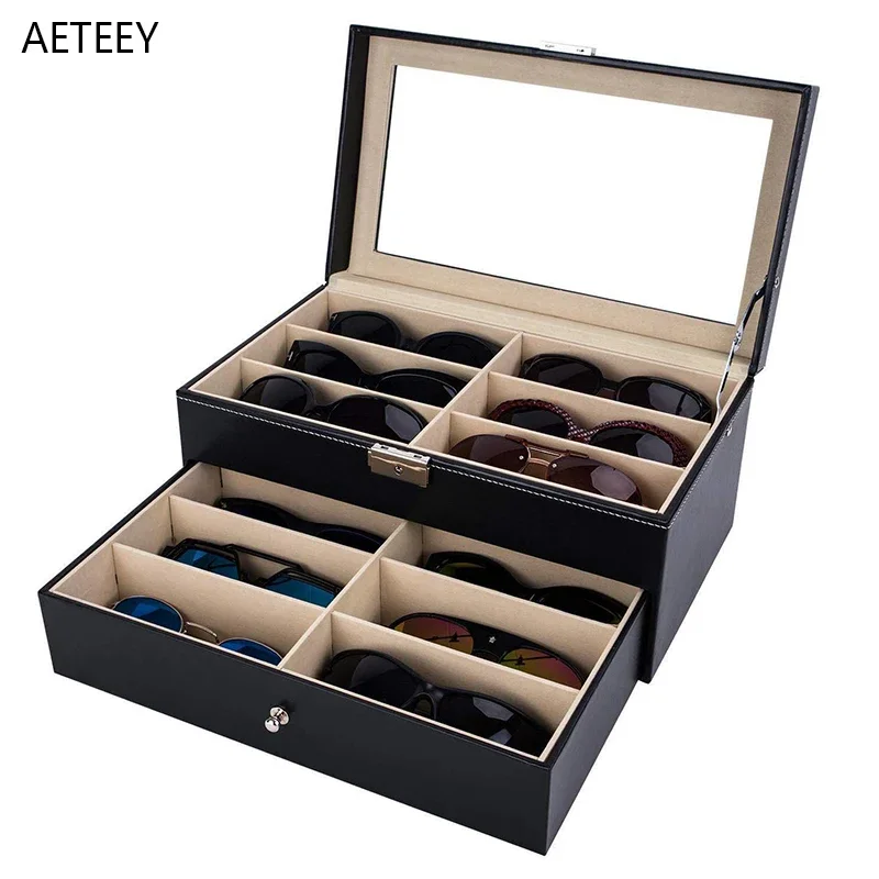 Double Layer PU Leather Inner Plush 12slots Glasses Storage Case Display Dustproof Organizer Sunglasses Case Customizable Logo