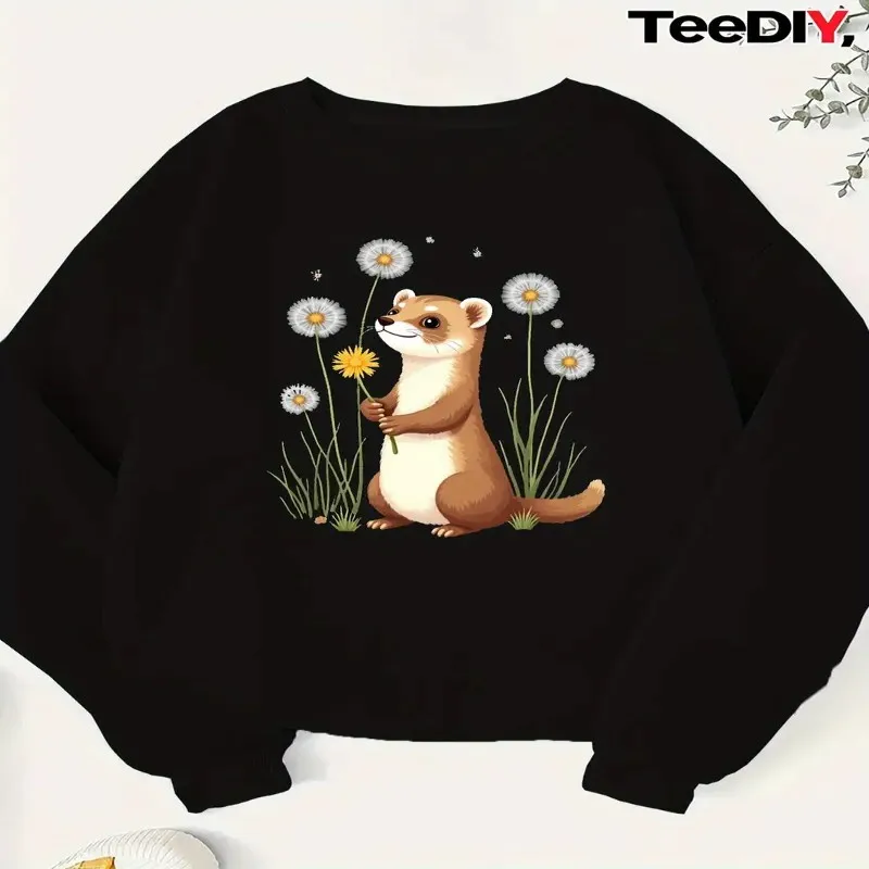 Women Plus Size Casual Sweatshirt Cute Ferret Dandelion Puffballs Graphic, Vibrant Green, Cozy Long Sleeve Round Neck Pull